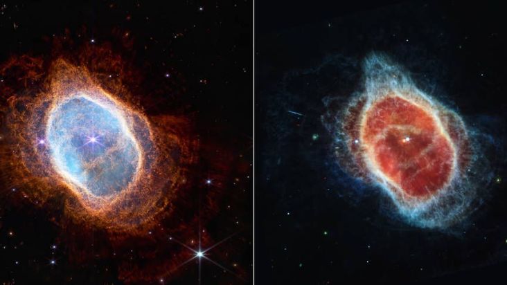 Imagem do James Webb mostra a Nebulosa do Anel Sul quase de frente, mas se pudéssemos girá-la para vê-la de lado, sua forma tridimensional se pareceria mais claramente com duas tigelas colocadas juntas na parte inferior, abrindo-se uma da outra com uma grande buraco no centro  Crédito: NASA, ESA, CSA, STScI, and The E